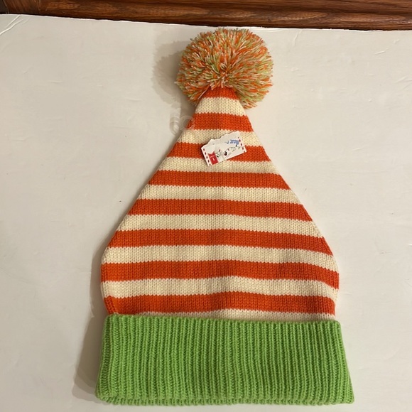 Kids unisex roll down beanie hat stripes w/ Pom Pom orange / cream / green - Picture 9 of 9
